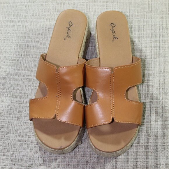 Qupid Size 8 Tan Slide On Platform Espadrille Sandals - Picture 1 of 6